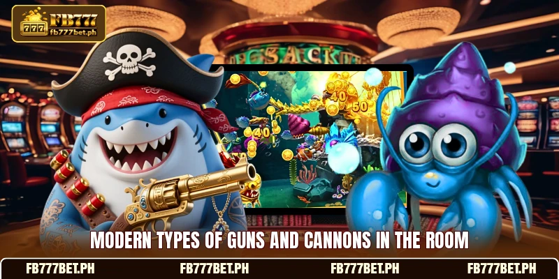 Modern types of guns and cannons in the room